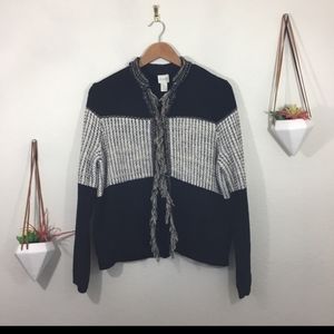 Chico’s black and cream fringed knit sweater
